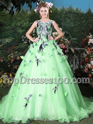 Chic Apple Green Scoop Zipper Appliques Quinceanera Gown Brush Train Sleeveless