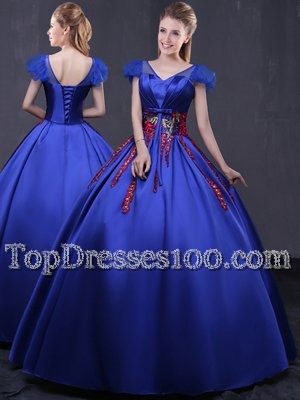 Royal Blue Ball Gowns Appliques 15 Quinceanera Dress Lace Up Satin Cap Sleeves Floor Length