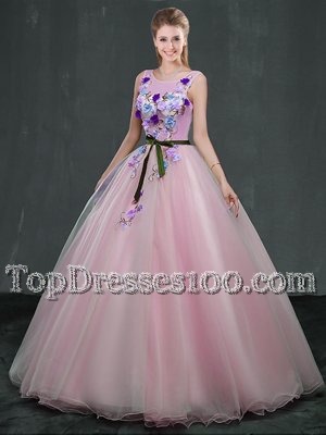 Graceful Scoop Floor Length Pink 15th Birthday Dress Organza Sleeveless Appliques