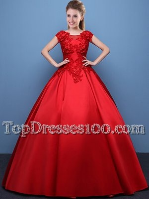 Scoop Appliques Quinceanera Dresses Red Lace Up Cap Sleeves Floor Length