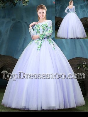 Scoop Long Sleeves Lace Up Sweet 16 Dresses Lavender Tulle