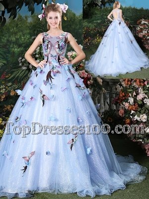 Dazzling Scoop Light Blue Sleeveless Organza Brush Train Lace Up Vestidos de Quinceanera for Military Ball and Sweet 16 and Quinceanera