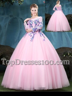 Simple Floor Length Baby Pink Quince Ball Gowns Scoop Long Sleeves Lace Up