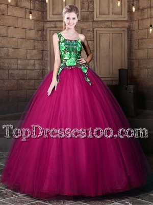 One Shoulder Sleeveless Sweet 16 Dress Floor Length Pattern Fuchsia Tulle