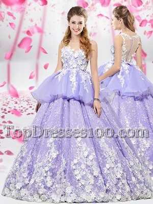 Enchanting Scoop Floor Length Lace Up Ball Gown Prom Dress Lavender and In for Military Ball and Sweet 16 and Quinceanera with Appliques