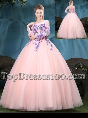 Custom Fit Scoop Long Sleeves Floor Length Lace Up Quinceanera Gown Baby Pink and In for Military Ball and Sweet 16 and Quinceanera with Appliques