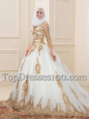 Glamorous Tulle V-neck 3|4 Length Sleeve Sweep Train Zipper Appliques Quinceanera Gowns in White