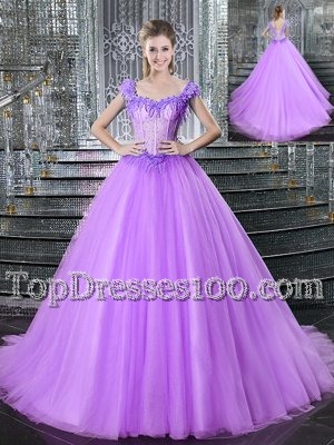 Hot Sale Lilac Tulle Lace Up Straps Sleeveless With Train Sweet 16 Quinceanera Dress Brush Train Beading and Appliques