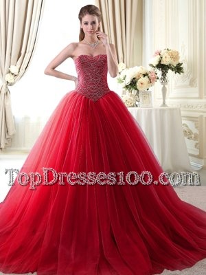 With Train Ball Gowns Sleeveless Red Sweet 16 Quinceanera Dress Brush Train Lace Up