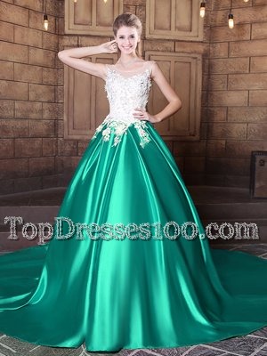 Artistic Turquoise Lace Up Scoop Lace and Appliques 15th Birthday Dress Elastic Woven Satin Sleeveless Court Train