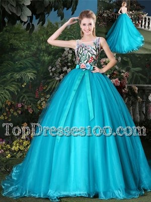 Scoop Sleeveless Brush Train Zipper Appliques and Belt Quince Ball Gowns