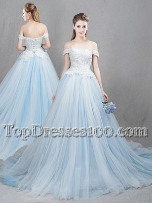 Off the Shoulder Light Blue Sleeveless With Train Appliques Lace Up Wedding Dress