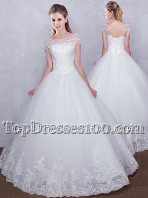 Sumptuous White Scoop Neckline Lace Wedding Gown Cap Sleeves Lace Up