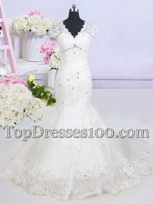 Mermaid Tulle V-neck Cap Sleeves Brush Train Lace Up Beading and Lace Bridal Gown in White