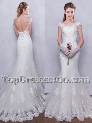 Custom Fit Mermaid Tulle Scoop Cap Sleeves Brush Train Backless Lace Wedding Dress in White