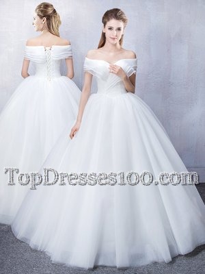 Captivating Off the Shoulder Ruffled White Short Sleeves Floor Length Ruching Lace Up Wedding Gowns