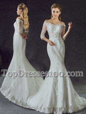 Charming Mermaid Tulle Off The Shoulder Half Sleeves Brush Train Lace Up Lace and Appliques Wedding Gowns in White