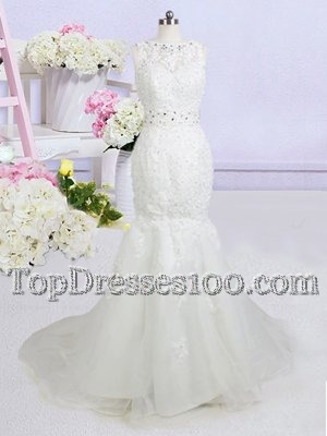 Perfect Mermaid Sleeveless With Train Beading and Appliques Backless Bridal Gown with White Brush Train