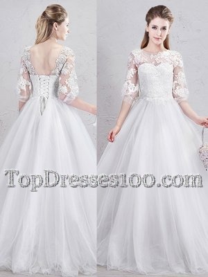 Glittering Scoop Half Sleeves Lace Up Bridal Gown White Tulle