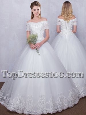 Noble White Lace Up Off The Shoulder Lace Wedding Gowns Tulle Short Sleeves
