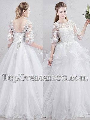 Perfect White Lace Up Scoop Lace and Ruffles Bridal Gown Tulle Half Sleeves Brush Train