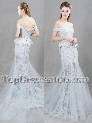 Charming Mermaid Off the Shoulder Sleeveless Brush Train Lace and Appliques Lace Up Wedding Dresses