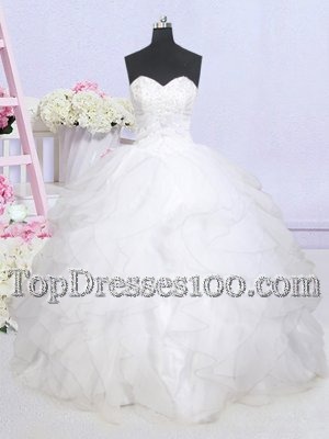 Fabulous White Lace Up Sweetheart Beading and Ruffled Layers Wedding Dress Organza Sleeveless Brush Train