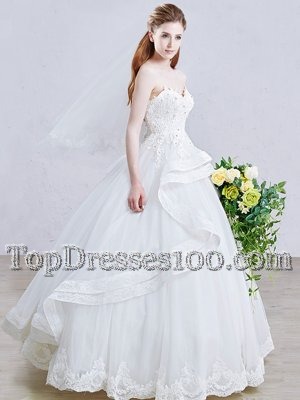 Sexy Sweetheart Sleeveless Wedding Dress Floor Length Appliques White Tulle