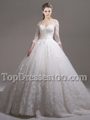 Top Selling Cathedral Train Ball Gowns Wedding Gown White Off The Shoulder Tulle Half Sleeves Zipper