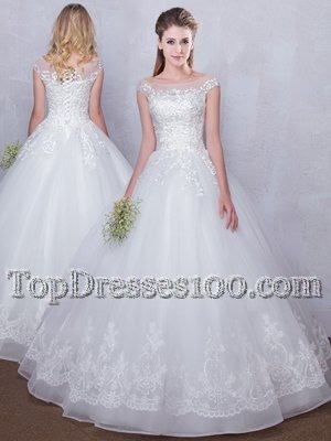 Customized Scoop Cap Sleeves Tulle Wedding Dress Lace Lace Up