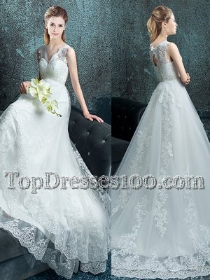 With Train A-line Sleeveless White Wedding Gown Brush Train Lace Up