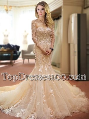 Mermaid Champagne Tulle Lace Up Wedding Dress Sleeveless With Train Court Train Appliques and Hand Made Flower