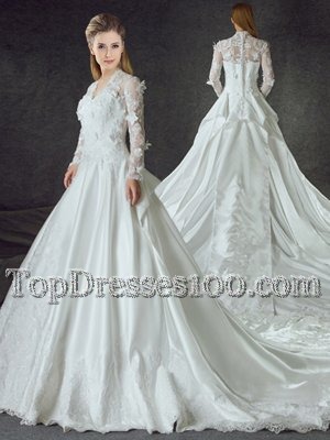Best With Train White Wedding Dresses V-neck Long Sleeves Chapel Train Zipper