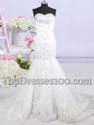 Mermaid White Sleeveless With Train Beading and Lace and Appliques Lace Up Bridal Gown