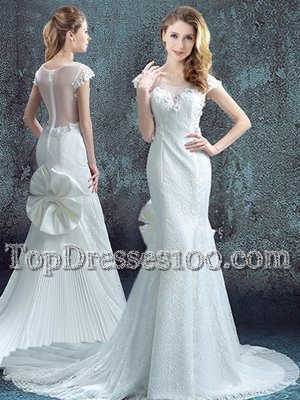 Mermaid Scoop Lace and Bowknot and Pleated Wedding Gowns White Zipper Short Sleeves With Brush Train