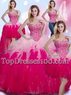 Traditional Four Piece Tulle Sweetheart Sleeveless Lace Up Beading and Ruffles 15 Quinceanera Dress in Multi-color