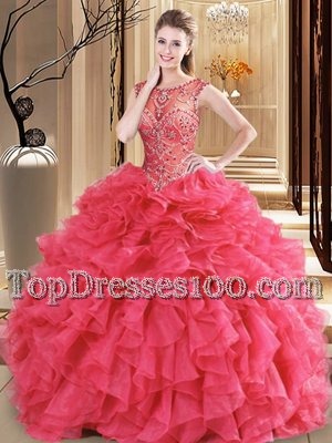 Scoop Sleeveless Organza Floor Length Lace Up Ball Gown Prom Dress in Coral Red for with Beading and Ruffles
