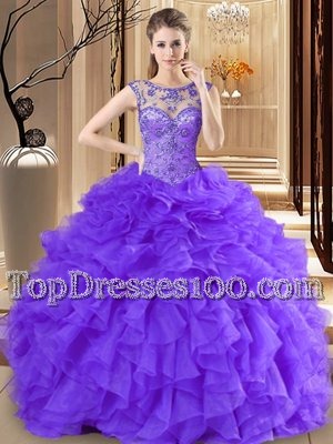 Traditional Scoop Sleeveless Floor Length Beading and Ruffles Lace Up Sweet 16 Dresses with Purple