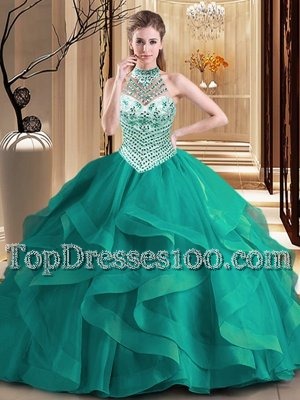 Glittering Halter Top Sleeveless Brush Train Beading and Ruffles Lace Up Vestidos de Quinceanera