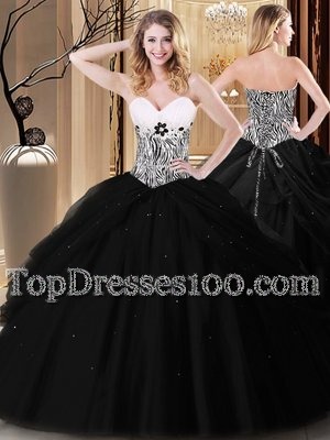Floor Length Lace Up 15th Birthday Dress Black and In for Military Ball and Sweet 16 and Quinceanera with Pick Ups and Pattern