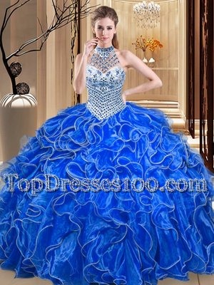 Attractive Ball Gowns Sweet 16 Dresses Royal Blue Halter Top Organza Sleeveless Floor Length Lace Up
