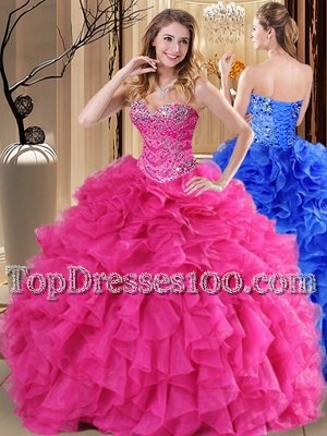 Hot Pink Sleeveless Floor Length Beading and Ruffles Lace Up Sweet 16 Dress