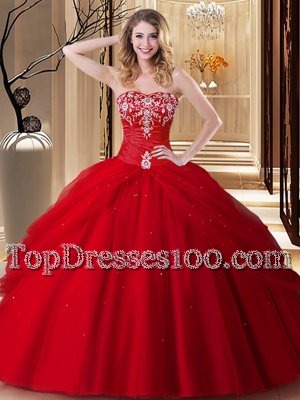 Sumptuous Red Sleeveless Tulle Lace Up Vestidos de Quinceanera for Military Ball and Sweet 16 and Quinceanera