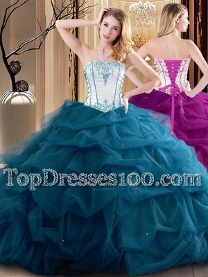 Strapless Sleeveless Tulle Ball Gown Prom Dress Embroidery and Ruffled Layers Lace Up