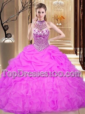 Charming Lilac Quinceanera Dress Military Ball and Sweet 16 and Quinceanera and For with Beading and Ruffles and Pick Ups Halter Top Sleeveless Lace Up