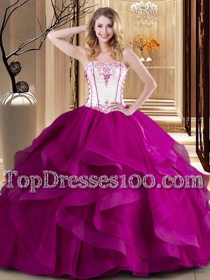 Extravagant Fuchsia Strapless Neckline Embroidery Quinceanera Gowns Sleeveless Lace Up