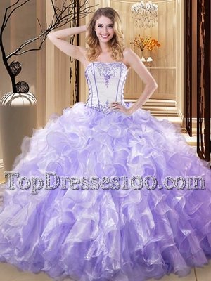 Lavender Organza Lace Up Quinceanera Gown Sleeveless Floor Length Embroidery and Ruffles