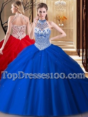 Royal Blue Sleeveless Embroidery and Ruffles Floor Length Quinceanera Dress