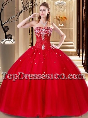 Amazing Red Ball Gowns Beading and Embroidery Sweet 16 Quinceanera Dress Lace Up Tulle Sleeveless Floor Length