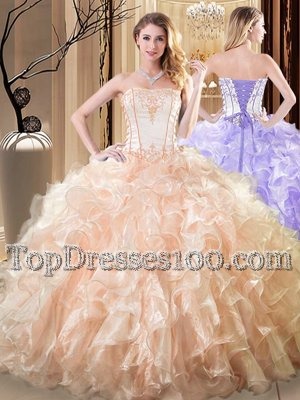 Attractive Yellow Ball Gowns Organza Strapless Sleeveless Embroidery and Ruffles Floor Length Lace Up Quinceanera Dresses